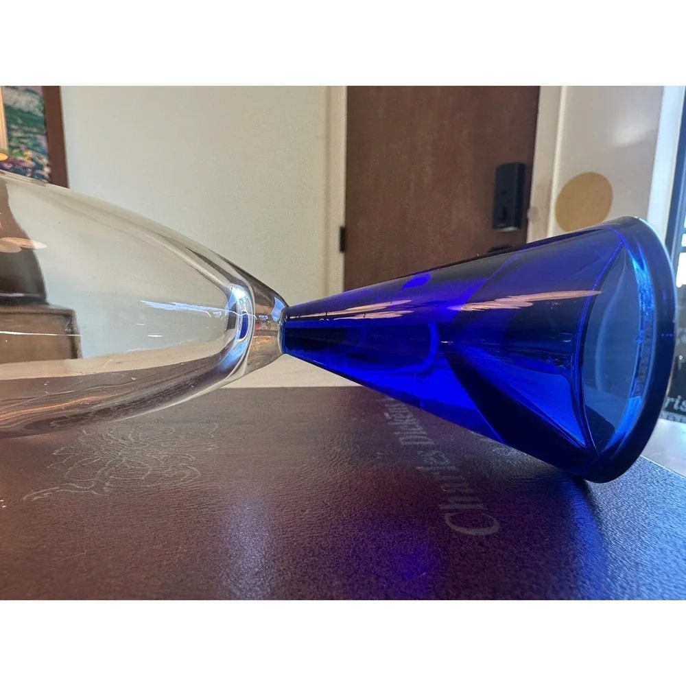 Vintage Sasaki Glass Eon Cobalt Blue Bottom Flute footed Goblets 7.5